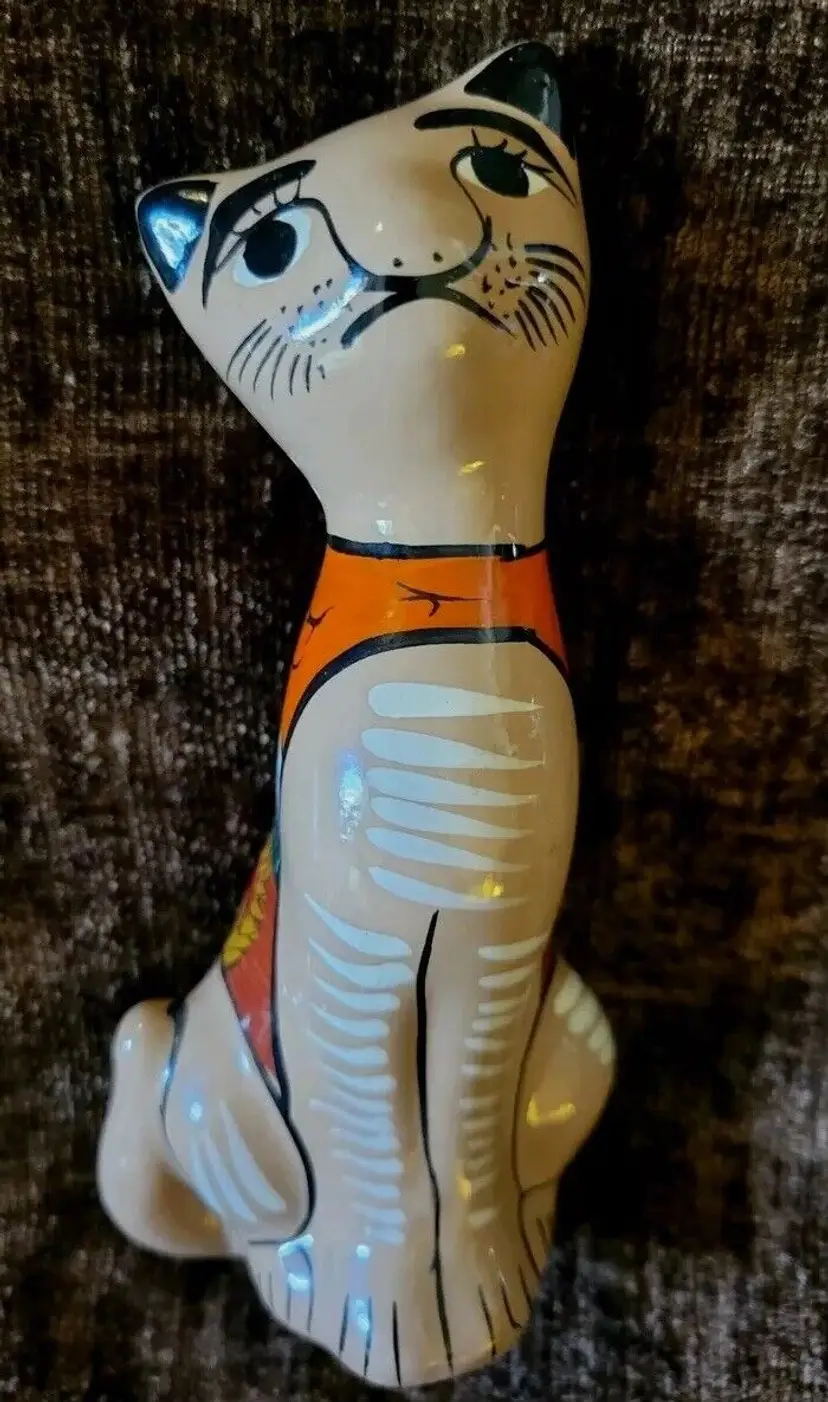 Mexican Folk Art Redware Clay Pottery Hand Painted Sitting Cat Figure