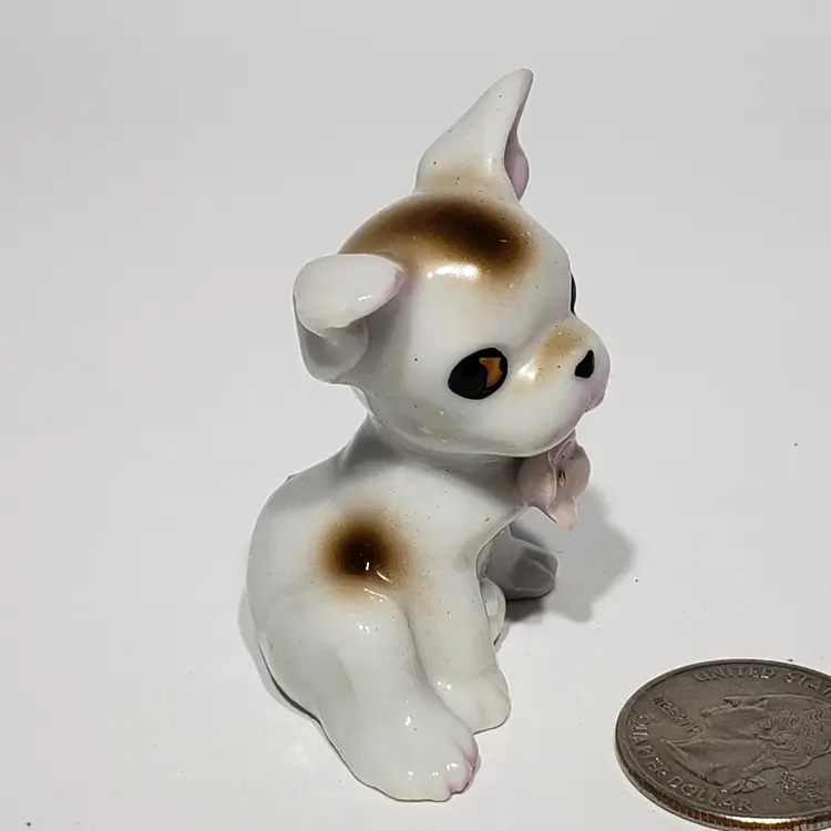 VTG 2" Porcelain White and Brown Dog Puppy Figurine Pink Flower at Neck Japan