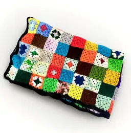 Vintage Granny Square Afghan Throw Blanket Crochet Colorful Black Trim 55x34