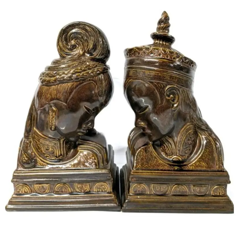 Stunning MCM Hollywood Regency Style Pair of Brown Glaze And Gold Lustre Glaze Ceramic Tibetan Couple Bookends