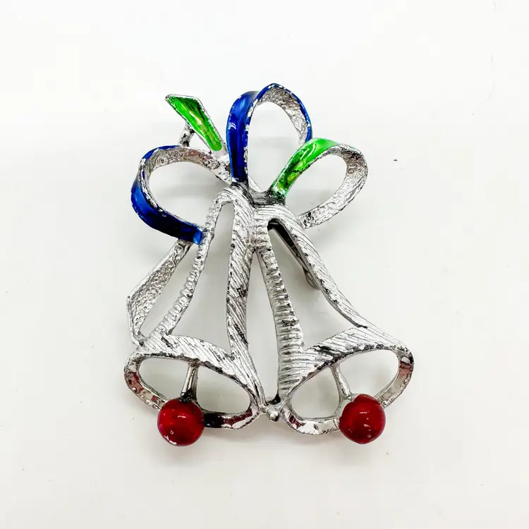 Gerry's Christmas Bells Brooch Pin Silver Tone Enamel Holiday Signed 2" Vintage B25