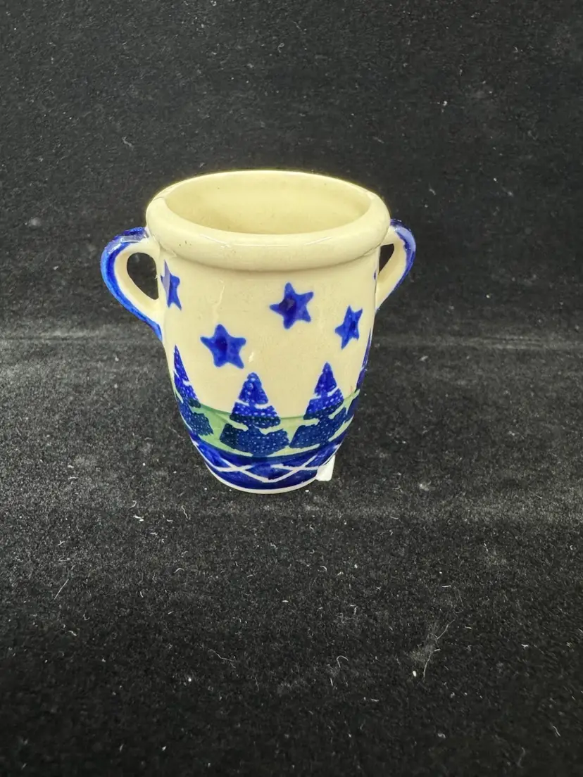 Hand-painted Polish pottery Toothpick Holder with blue stars and trees