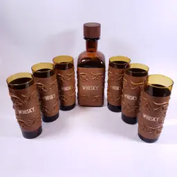 Vintage Spanish Floral Leather Sleeve Amber Gold Bar WHISKY DECANTER GLASS SET