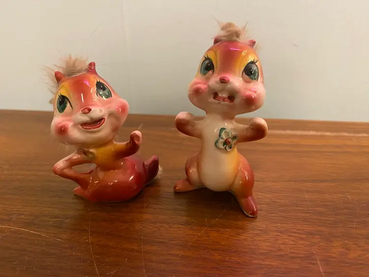Pair Of Kitschy Empress Figurines Creatures Squirrels (?) Animal Pink