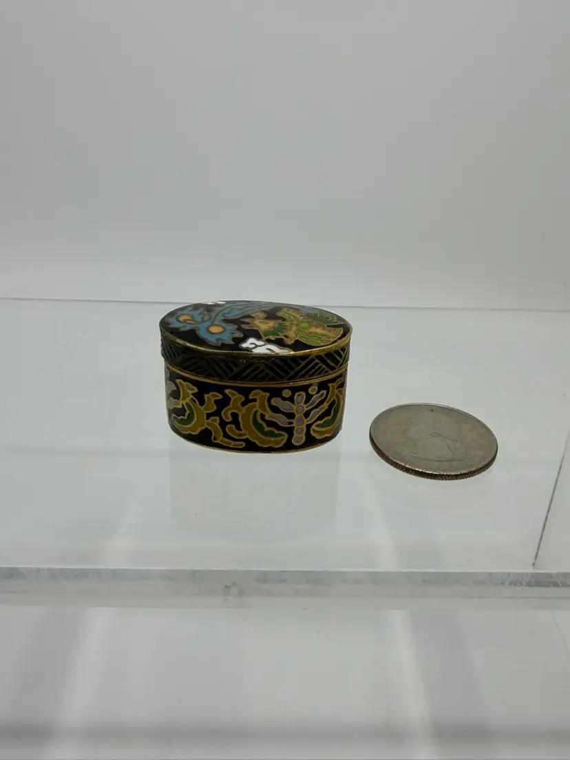Vintage Small Oval Hinged Lid Floral Enamel & Metal Cloisonne Trinket Box