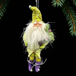 Christmas Elf Gnome Ornament, Green Tunic, Tights & Purple Shoes Plastic Face