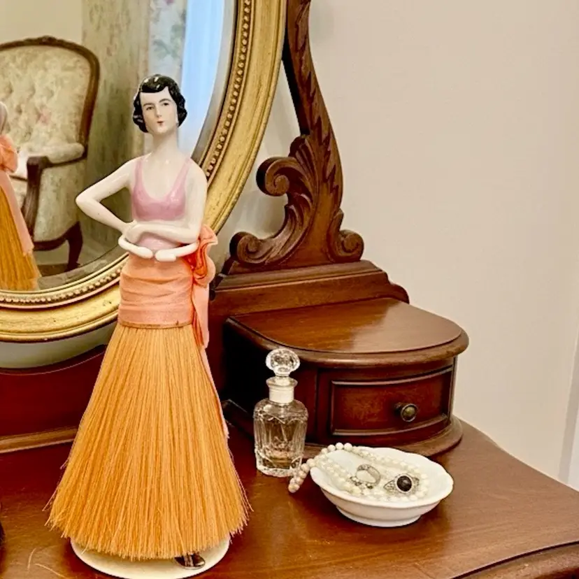 Porcelain 8” Broom doll on stand 1920's flapper half-doll broom tall Vintage