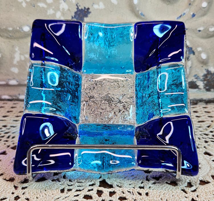 Brilliant Checkered Blue Fused Glass Art Plate Trinket Dish Square  4.5"