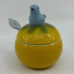 Anthropologie Blue Bird Sugar Bowl Dish Bluebird Lemon Ceramic Jam Jar and Spoon 4.5H 3Dia