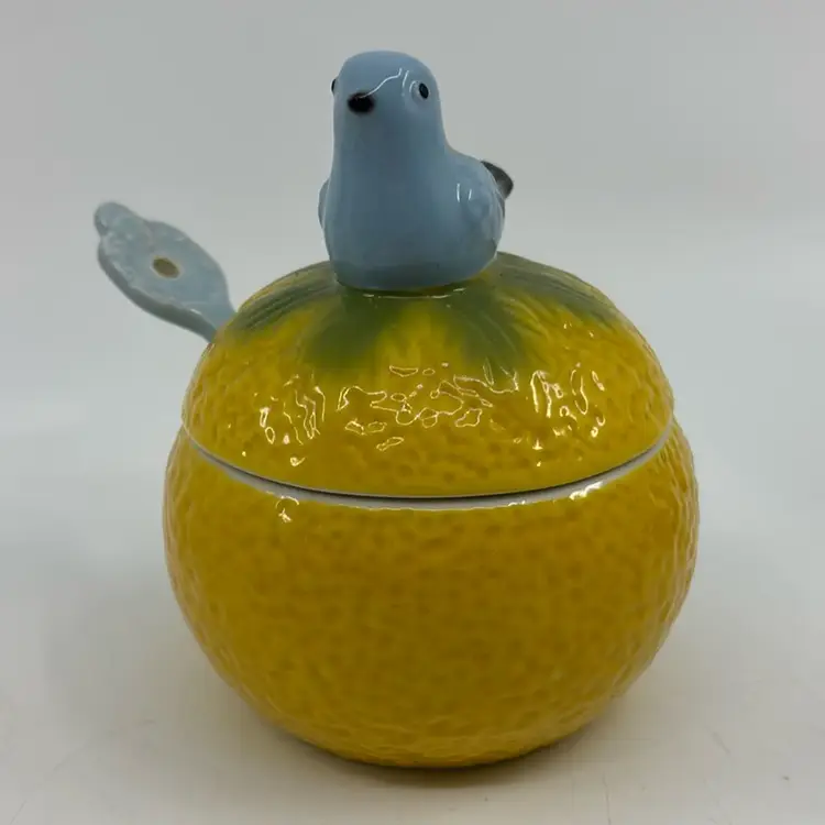 Anthropologie Blue Bird Sugar Bowl Dish Bluebird Lemon Ceramic Jam Jar and Spoon 4.5H 3Dia