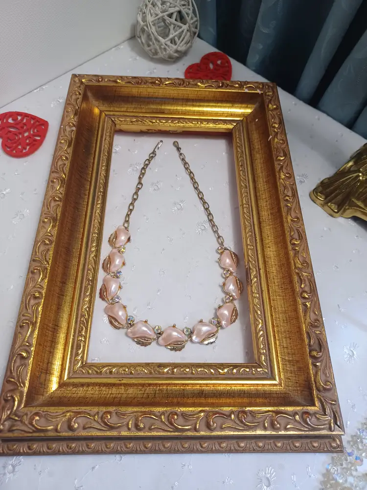 Vintage pink faux pearl lucite and AB crystal rhinestone necklace