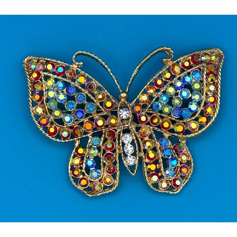 Vintage Rainbow Rhinestone Filigree Butterfly Brooch – 1980s Gold-Tone Insect Pin