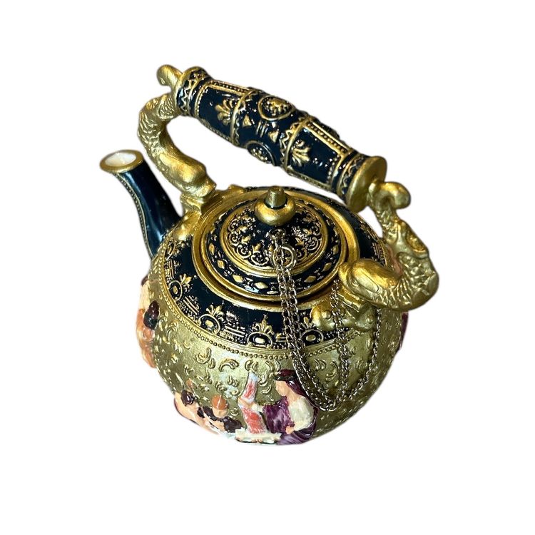 Nini VIENNA Miniature Gold Hand Painted Resin Teapot with Chained Lid # 6-4