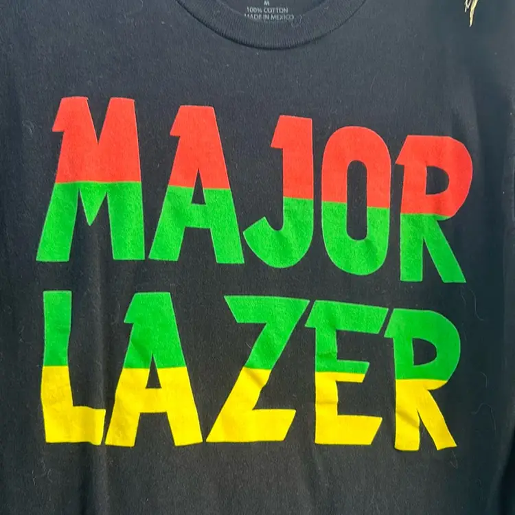 Authentic Major Lazer Black T-Shirt, Red, Green, Yellow Letters