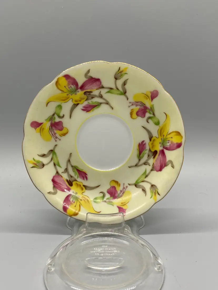 Jyoto Occupied Japan Hand Painted Pink Yellow Flowers Demitasse Saucer Only