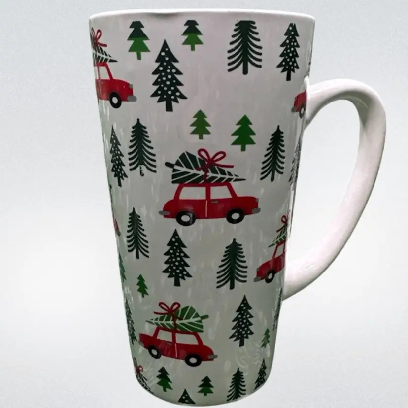 SCM Home Red Car Christmas Trees Stoneware Tall Holiday Mug New