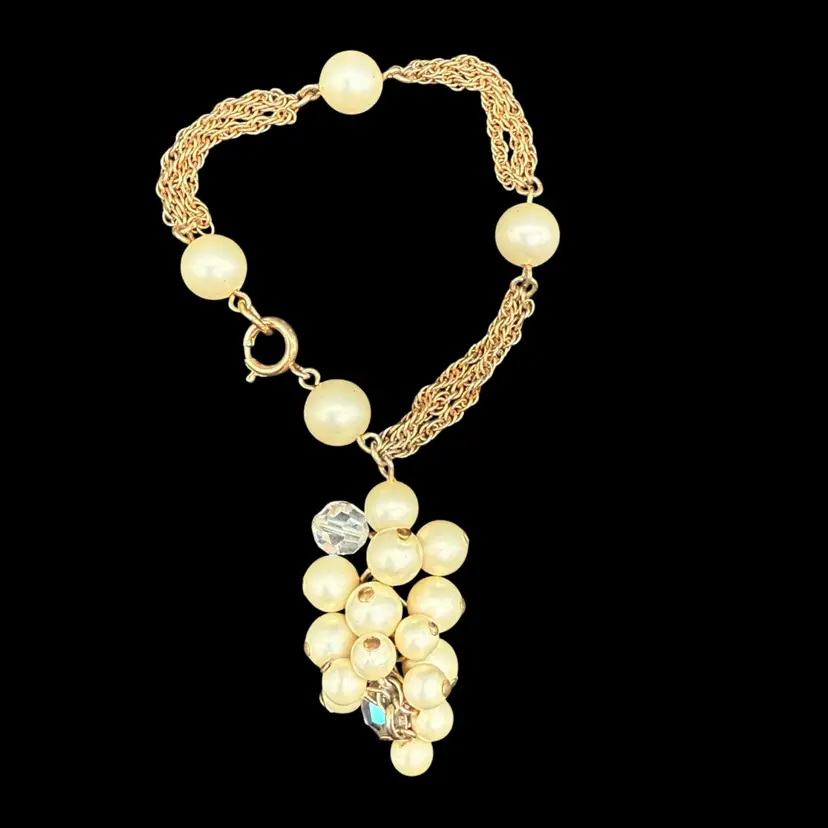 Faux Pearl Grape Cluster Gold Tone Metal Bracelet