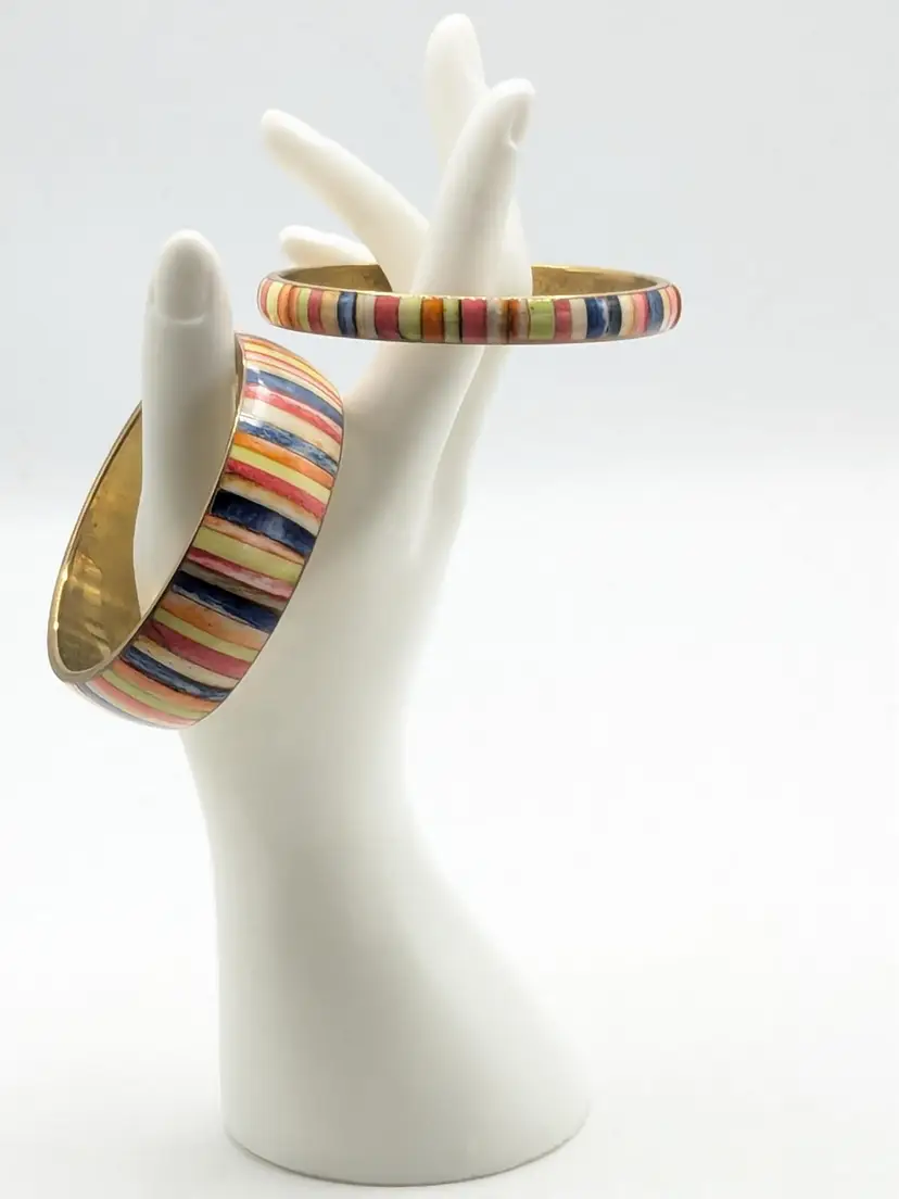 Colorful Striped Brass and Enamel Bangle Set Pair