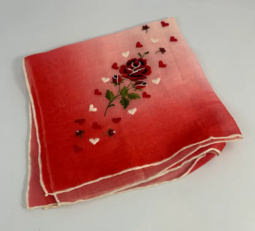Vintage Desco Red Rose with Hearts Embroidered Handkerchief 12.25" x 12.50"