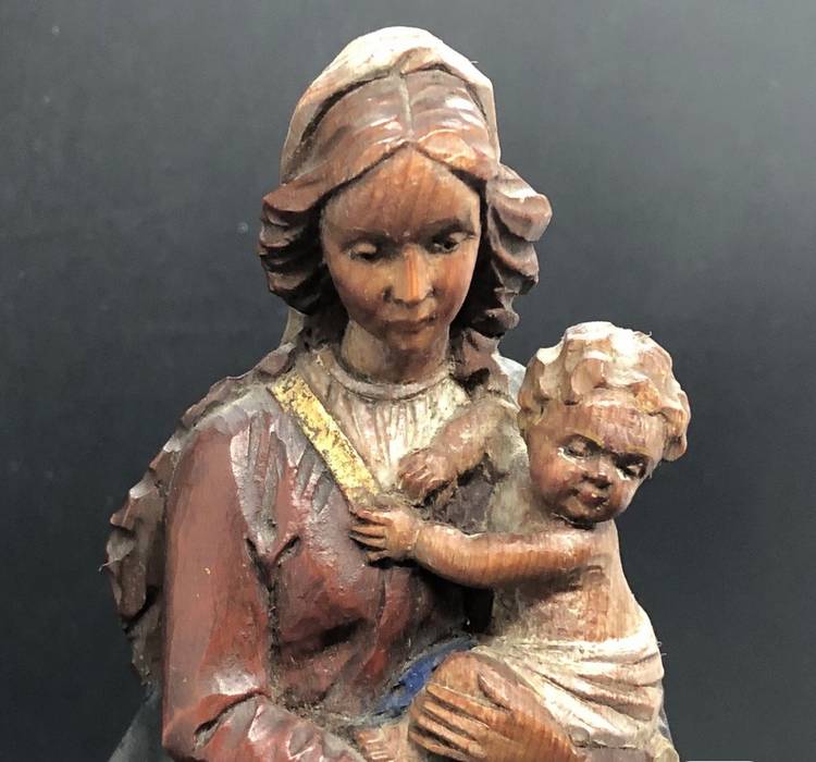 Vintage ANRI Carved Wood & Painted Italy Madonna &Child Signed M.K. KASLATTER 8”