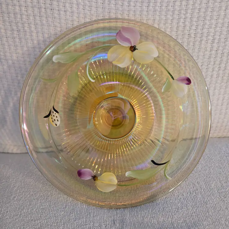 Fenton Hand Painted Iridescent Candle Holder Or Dish