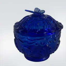 Wilkerson Glass Contemporary Art Glass Cobalt Blue Trinket Dish With Butterfly On Top