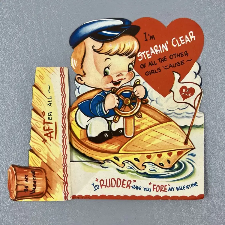 Vintage Die Cut Valentine Card Sailor Boy Boat I'm Stearin' Clear 6" Heart