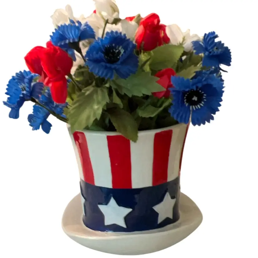 Vintage Rubens Original Japan Uncle Sam Top Hat Ceramic Planter American Flag With Silk Flowers