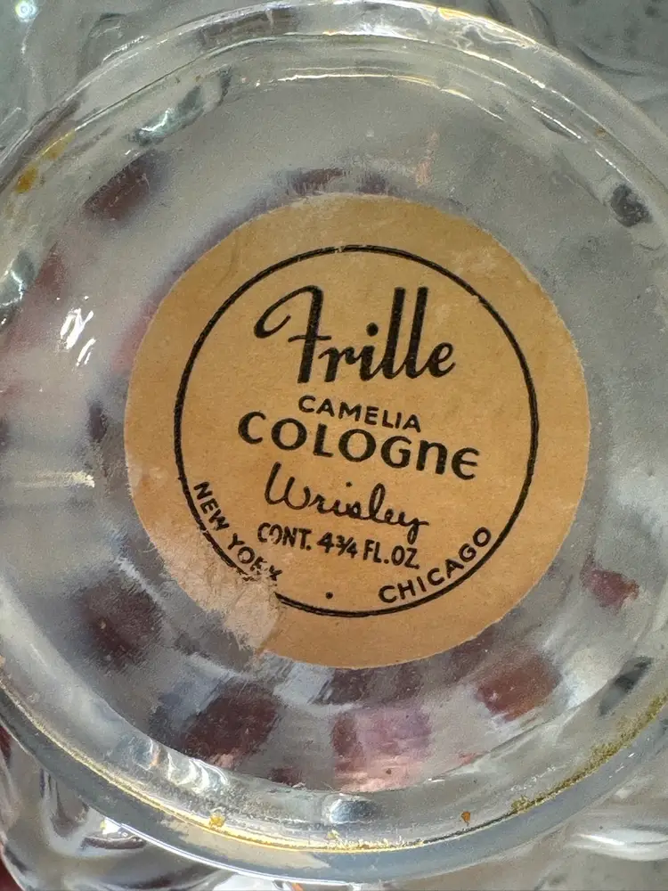 Vintage Art Glass Frille Cologne Bottle Wrisley Perfume Ribbed Melon Ruffled White Dots 4.5” tall 3” wide