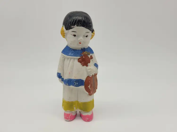 Vintage Porcelain Bisque Frozen Charlotte Young Asian Girl w/ Guitar Instrument