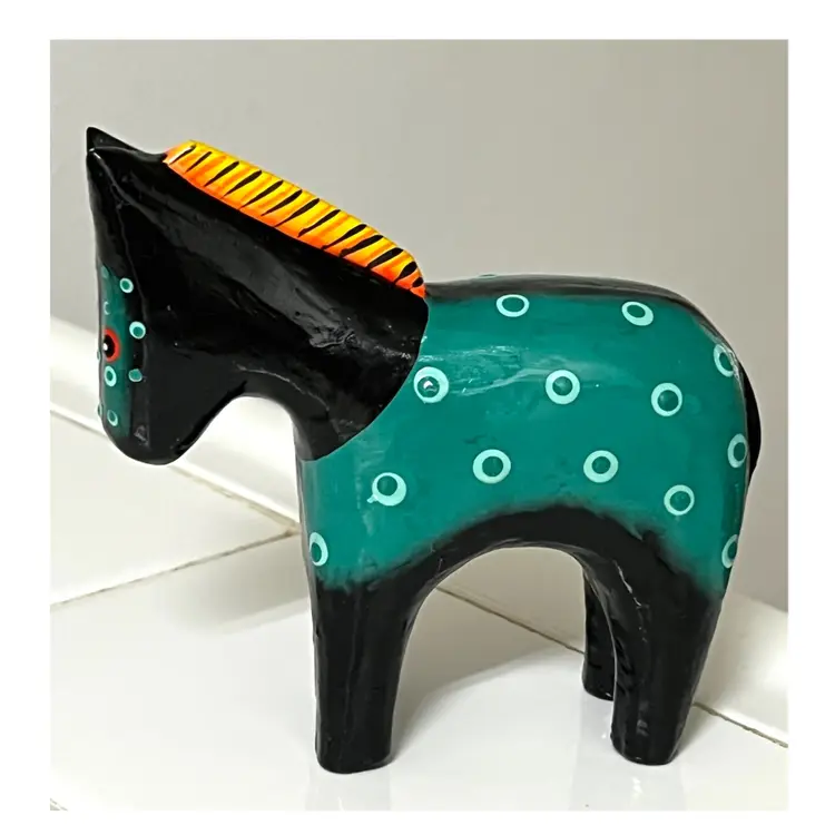Robert Shields Hand Painted Horse Black Teal Yellow Ceramic Figurine MCM 4.5 in Height