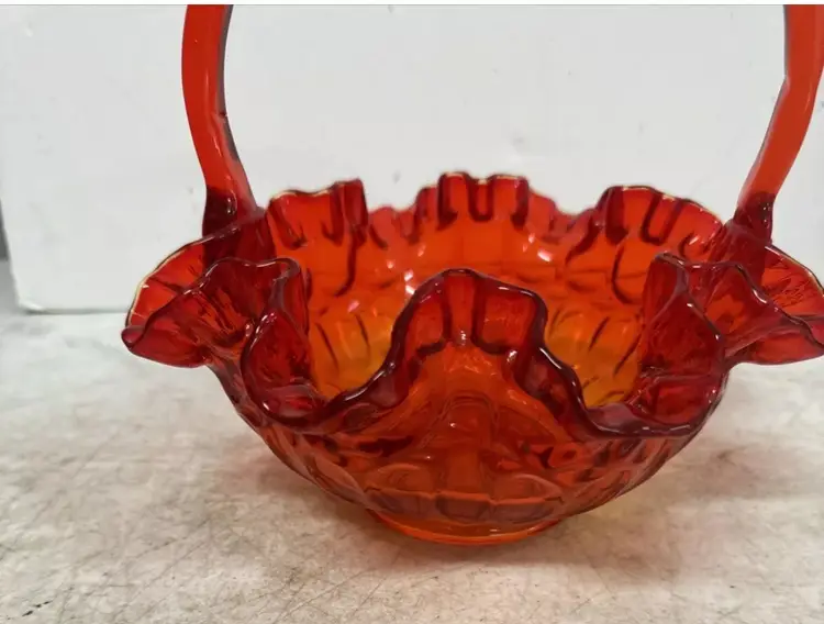 Fenton Amberina Glass Thumb Print Ruffled Basket With Applied Handle