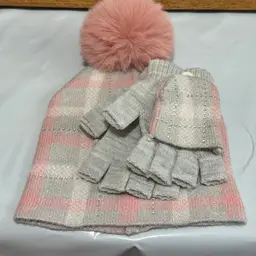 Pom Pom Hat Flip Mittens Set Holiday Time NWT Cozy Winter Warm Pink Gray