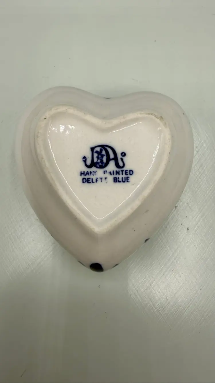 Vintage Handpainted Delft Blue Heart Shaped Trinket Box - Original Holland Artwork - Windmill Motif