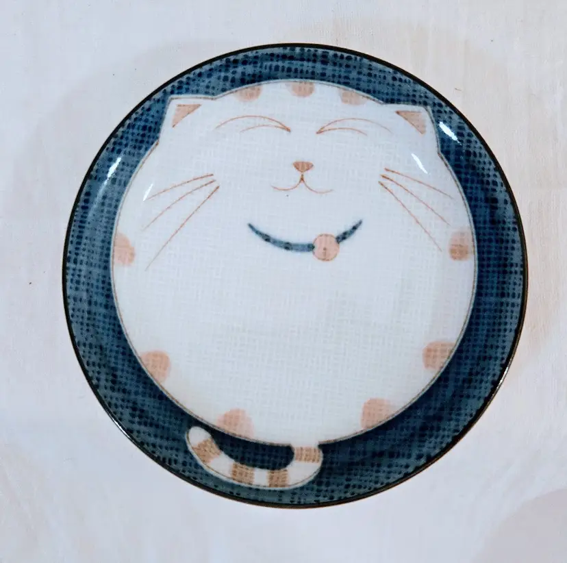Happy Cat Sauce Bowls Blue Japan Warai Neko Porcelain Dish - 4.25" round