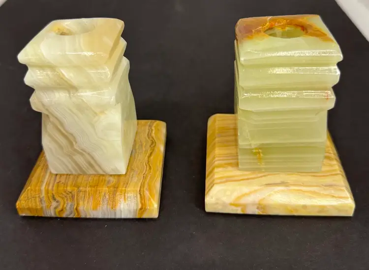 Set Of Two Alabaster Candle Stick Holders 2-1/2” Wide X 3 1/2” Tall