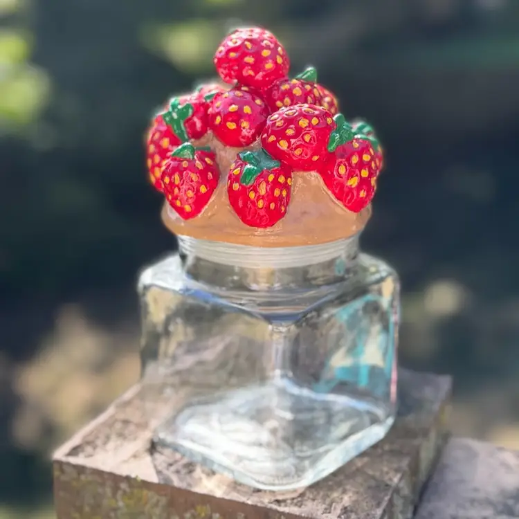 Vintage 1980s Hand Painted Strawberry Glass Canister