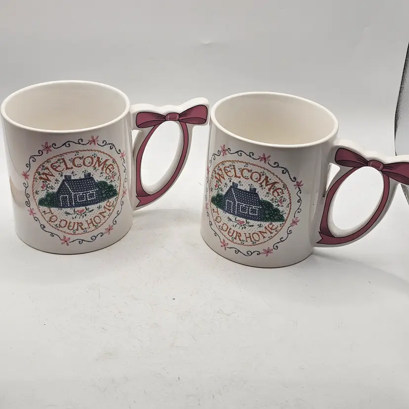 Welcome to our home coffee mugs vintage cottage granny core set 2