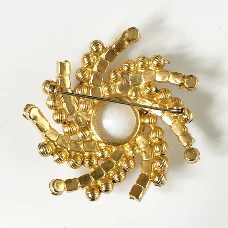 Vintage Prong Set White Milk Glass? Sun Swirl Gold Tone Brooch