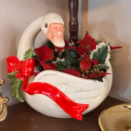 Vintage 1982 Fitz & Floyd Hand Painted Christmas Swan Bowl Planter