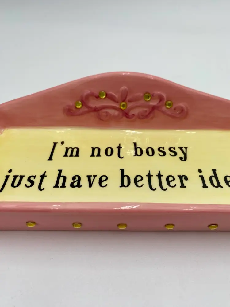 Ceramic Eyeglass Holder Tray “I'm not bossy, I just have...” Pink Yellow "Gems"