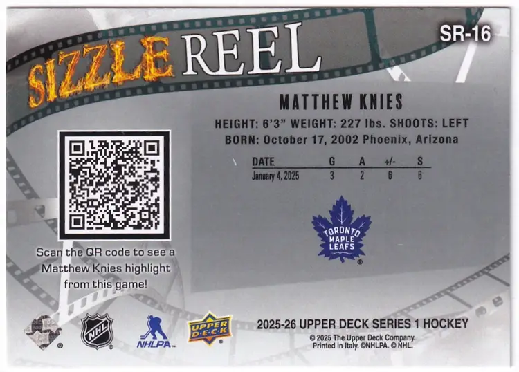 2025-26 Upper Deck Sizzle Reel #SR16 Matthew Knies Toronto Maple Leafs Hockey Card