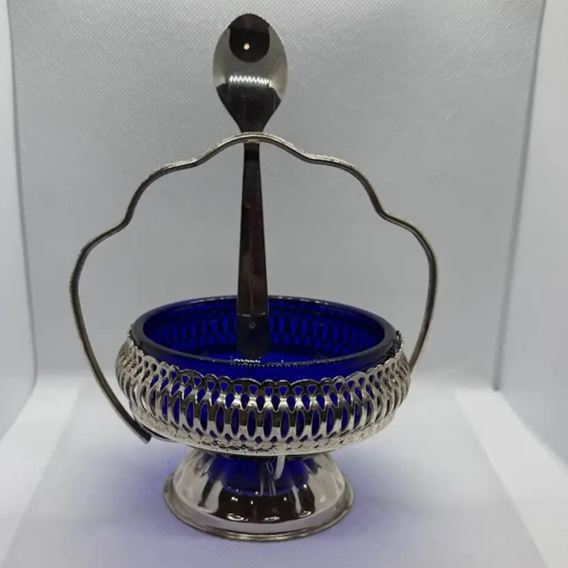 Vintage Mayell & Co. Queen Anne Silver plated Jam/Sugar Bowl with Blue Glass Insert and Spoon