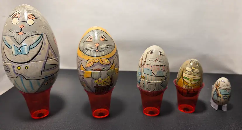 Vintage Rabbit Family Nesting Dolls Set Of Five Hand Painted Easter Bunny