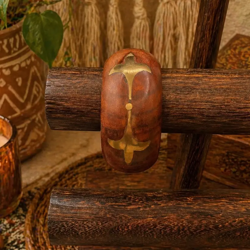 Chunky Vintage Wood Bangle Bracelet with Brass Inlaid