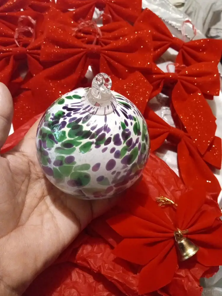 Glass Ornament Beautiful White/Green/Purple Vintage PC With Glitter Red Bows