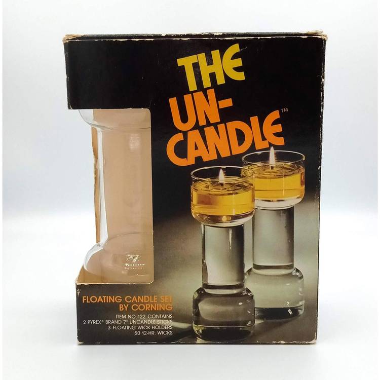 THE UNCANDLE 7" Pair Of  Pyrex Corning Floating Candles IOB Original Wicks 1970s