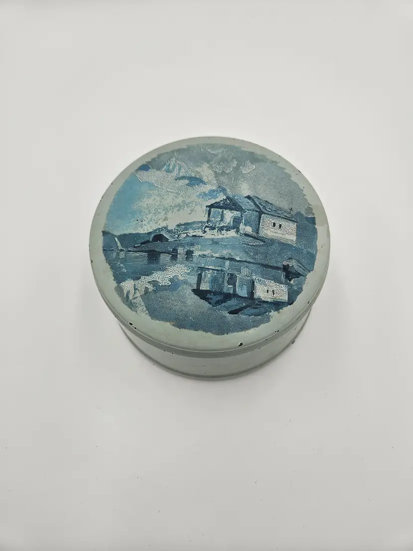 #C75 Metal Blue Hand Painted Wind-up Music Box Powder Puff Dish