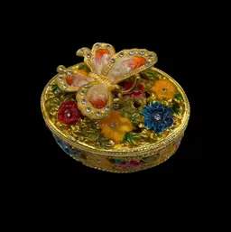 Vintage Enameled & Jeweled Butterfly Trinket Box - Crystal Accents 2.5”Lx1.25”H