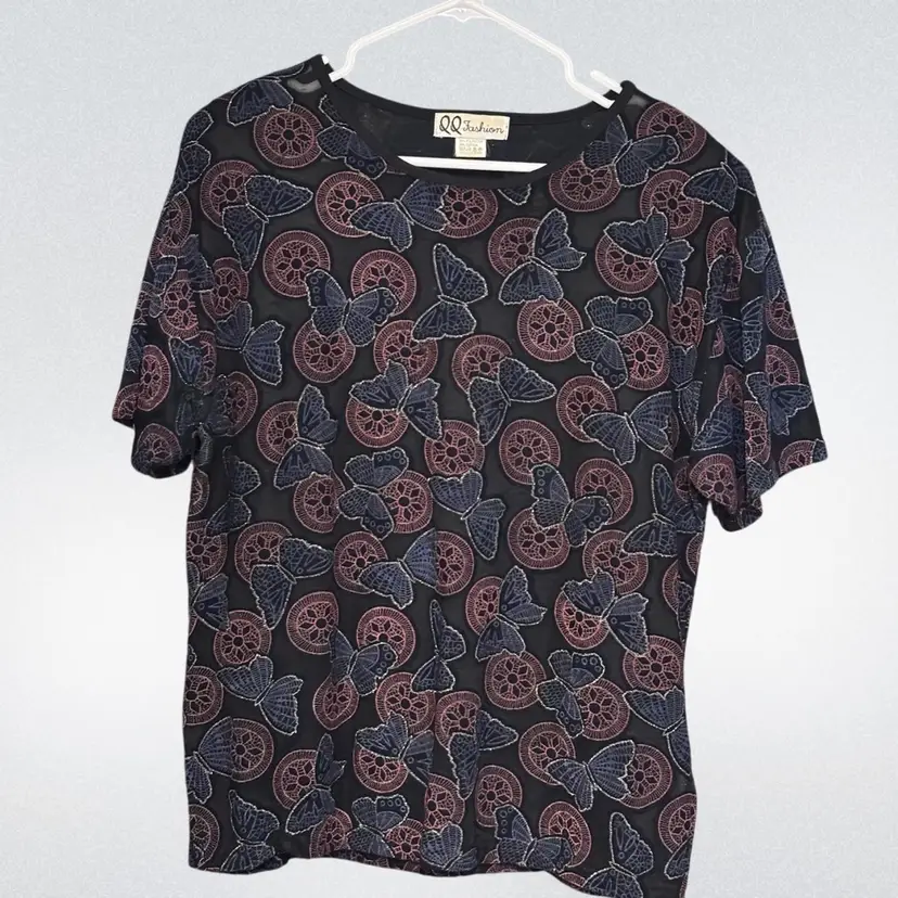 Black Sparkle Butterfly AOP Short Sleeved Shirt Vintage